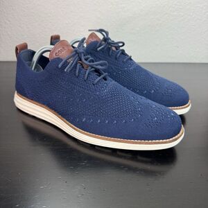 Mens Cole Haan OriginalGrand Stitchlite Wingtip Oxford Knit Shoes Navy Ivory 8.5